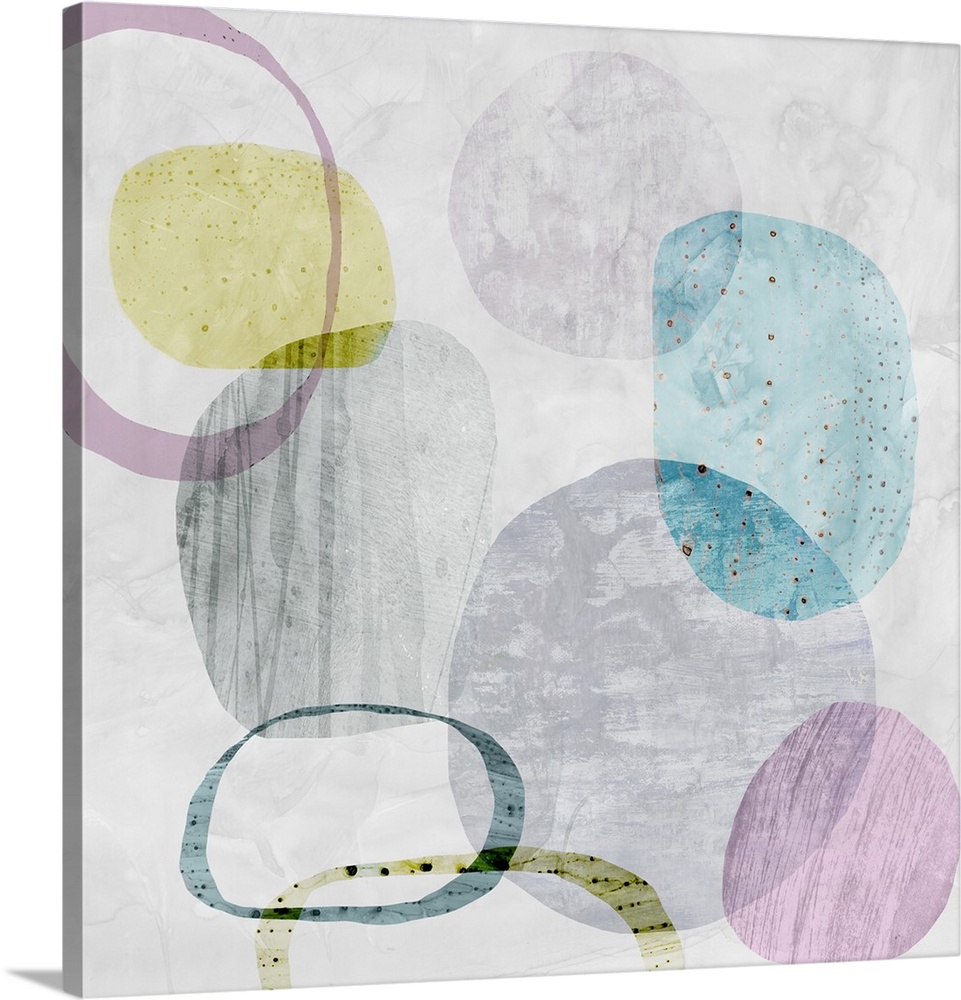 Square artwork of circles and rings in multiple pale colors with a textured effect on top.