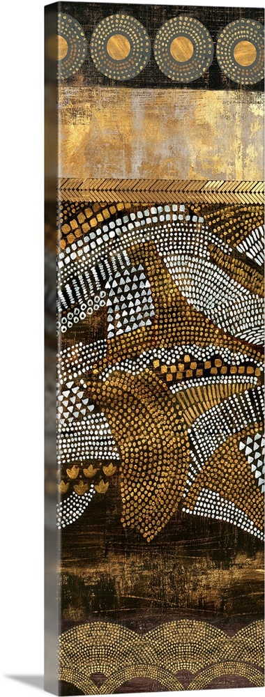 Abstract vertical artwork in golden tones with art nouveau style patterns.