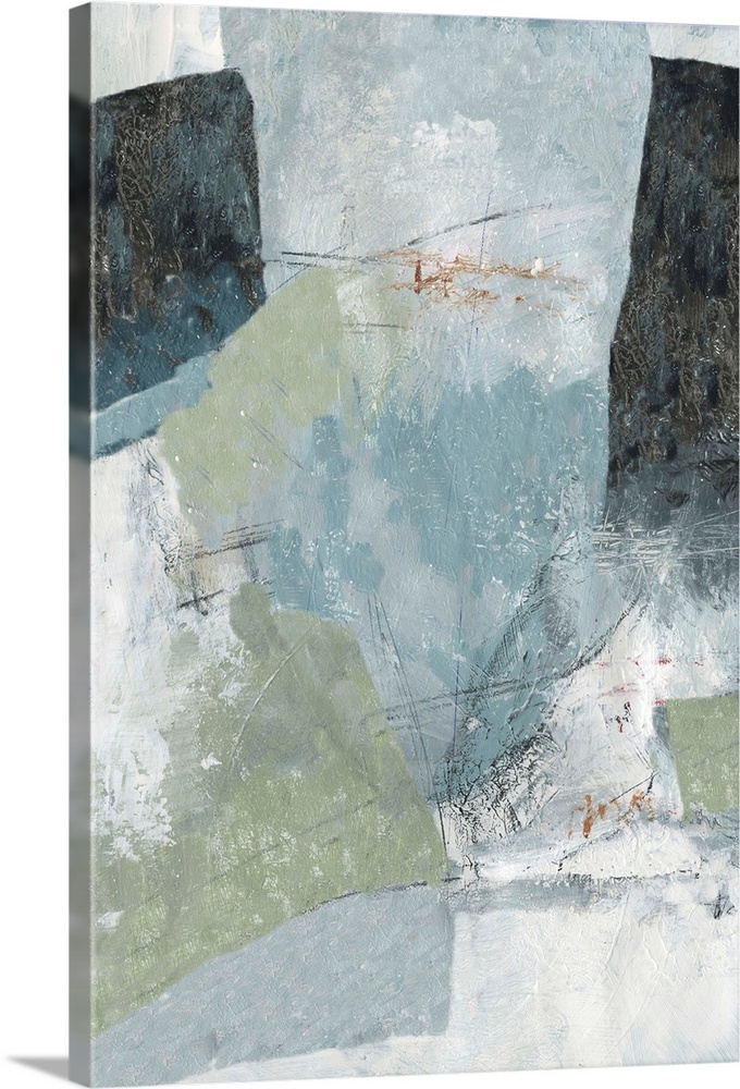 Vertical abstract painting in muted colors of blue, green and gray.