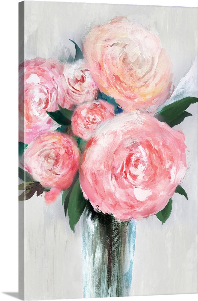 Vertical painting of a bouquet of pink flowers in a vase.