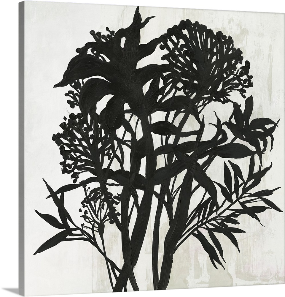 Square painting of a flower arrangement in black and white.