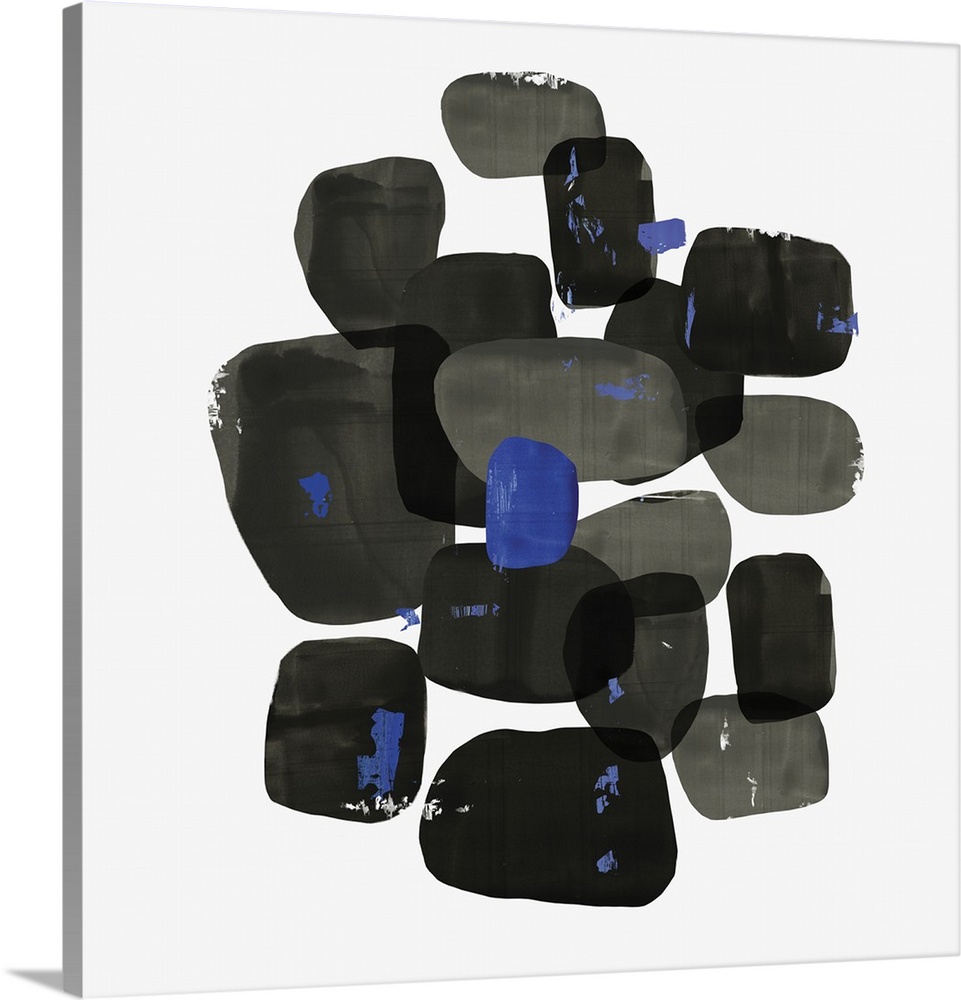 Abstract painting of shapes of black with blue accents.