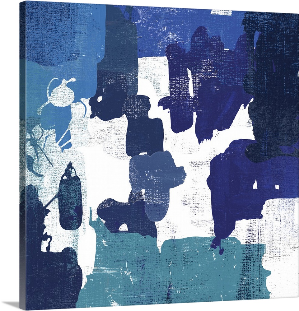 A contemporary painting of abstract shapes in varies shades of blue.