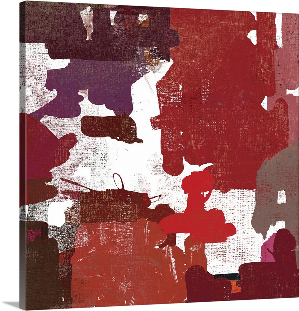 A contemporary painting of abstract shapes in varies warm tones of red.