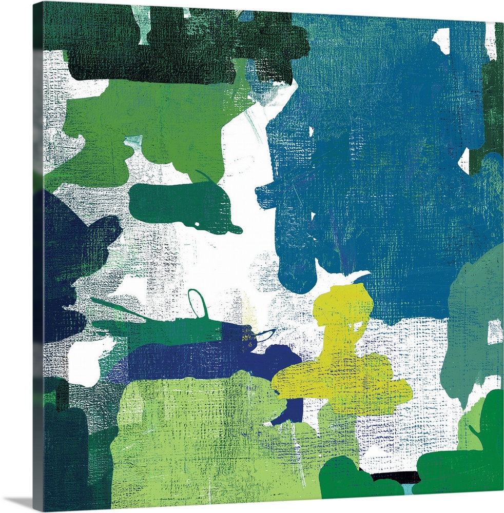 A contemporary painting of abstract shapes in varies shades of green.