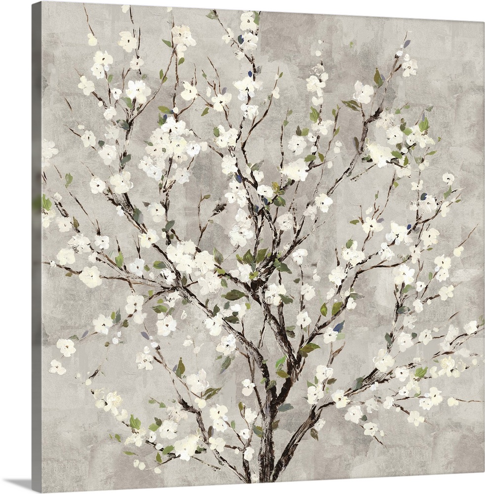 Square painting of a tree with white blossoms all over on a gray background.