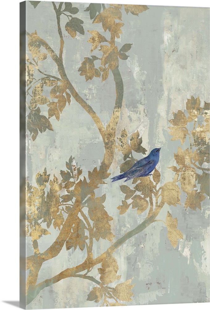 A small blue bird perched on golden branches.