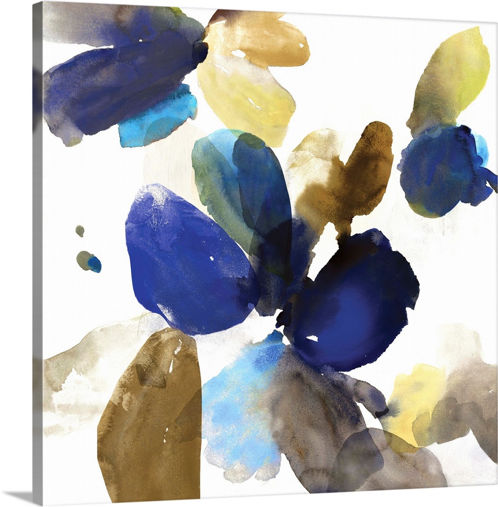 Abstract watercolor artwork of organic blue and gold shapes on cream.