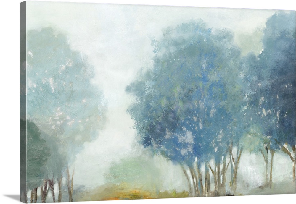 Contemporary artwork of a misty valley with blue trees.