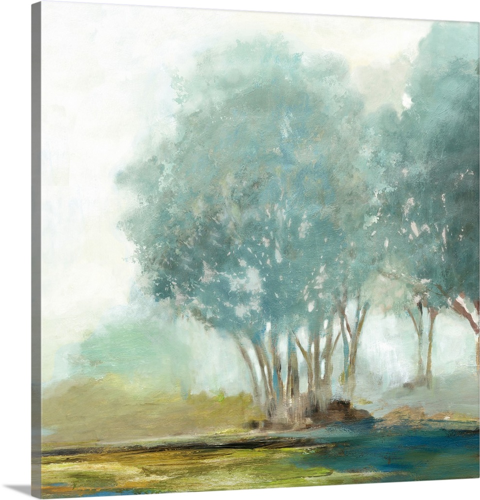Contemporary painting of a misty grove of trees in the countryside.