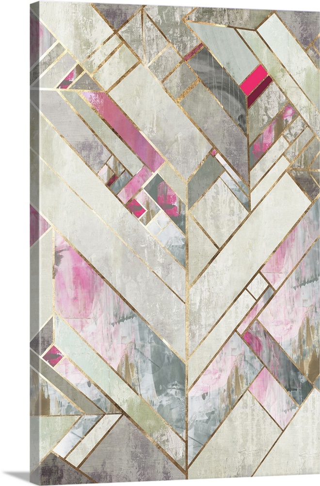 An art deco design of neutral colors with accents of pastel colors in geometric shapes.