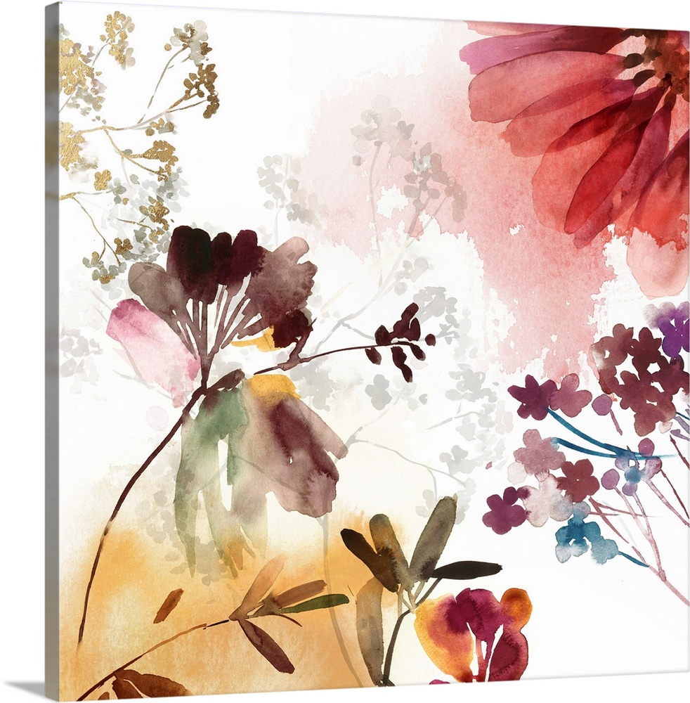 Watercolor artwork of flowers in bloom in soft shades.