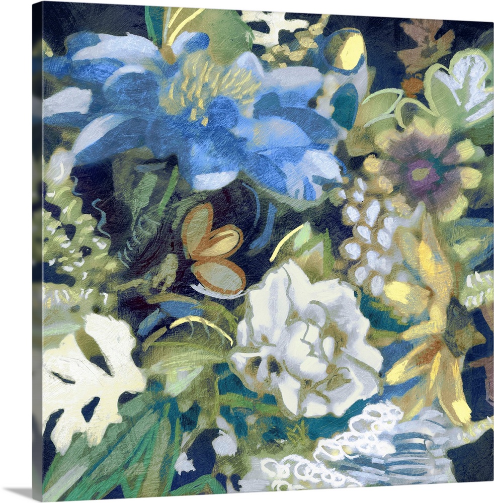 Contemporary painting of a bouquet of flowers in cool tones.