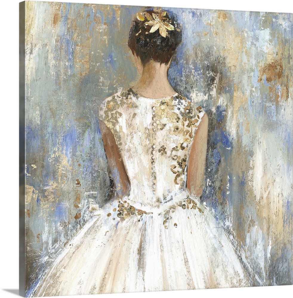 Square painting of the backside of a female bridesmaid in a dress with gold accents against a textured blue and gold backd...