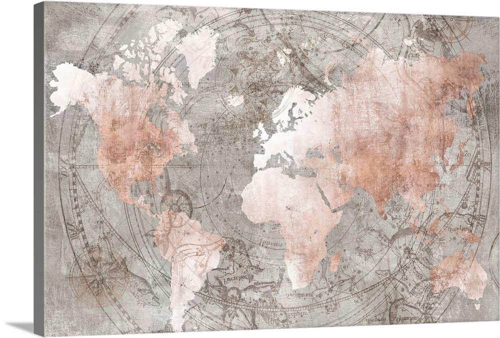 Antique-looking map in rose gold with celestial patterns in the background.