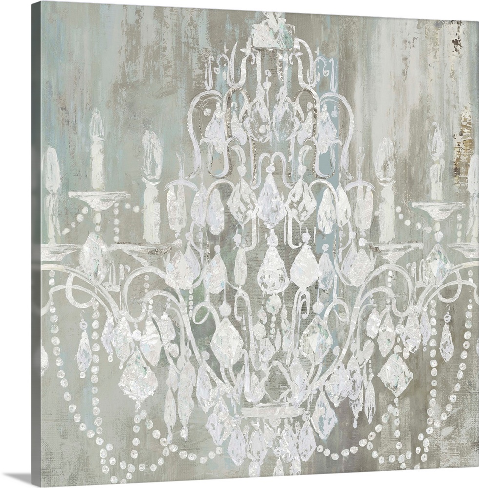 Decorative painting of a white chandelier on a gray, blue, and white textured background.
