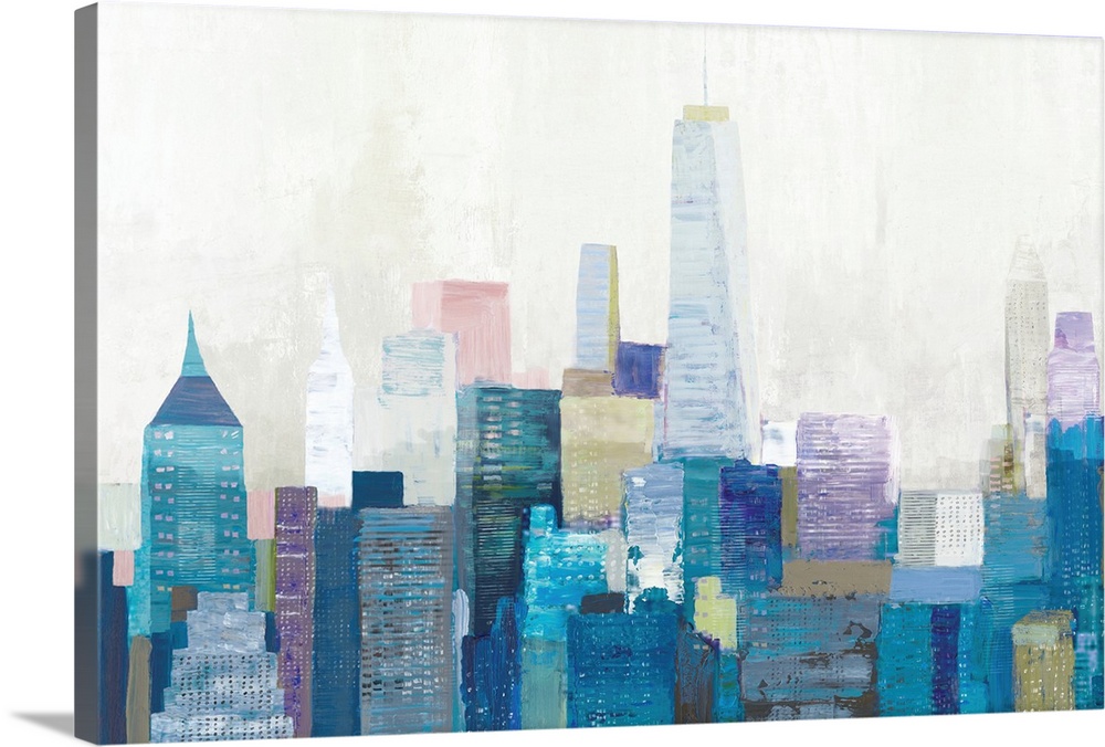 A multi-color painting of the city skyline of New York City.