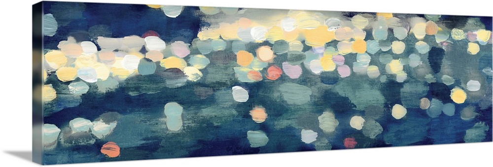 Abstract artwork in dark blue with gold and yellow shapes resembling blurred lights at night.