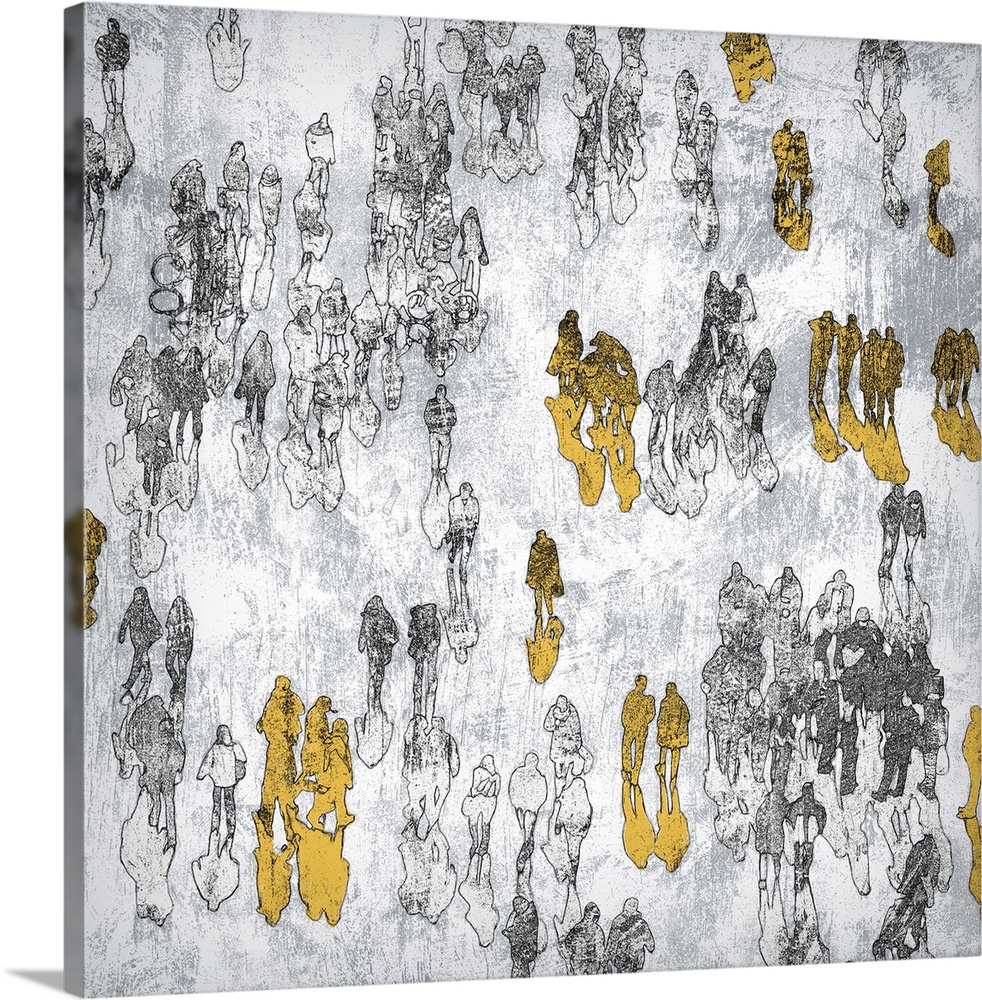 A square abstract printing of people walking in gray and yellow.
