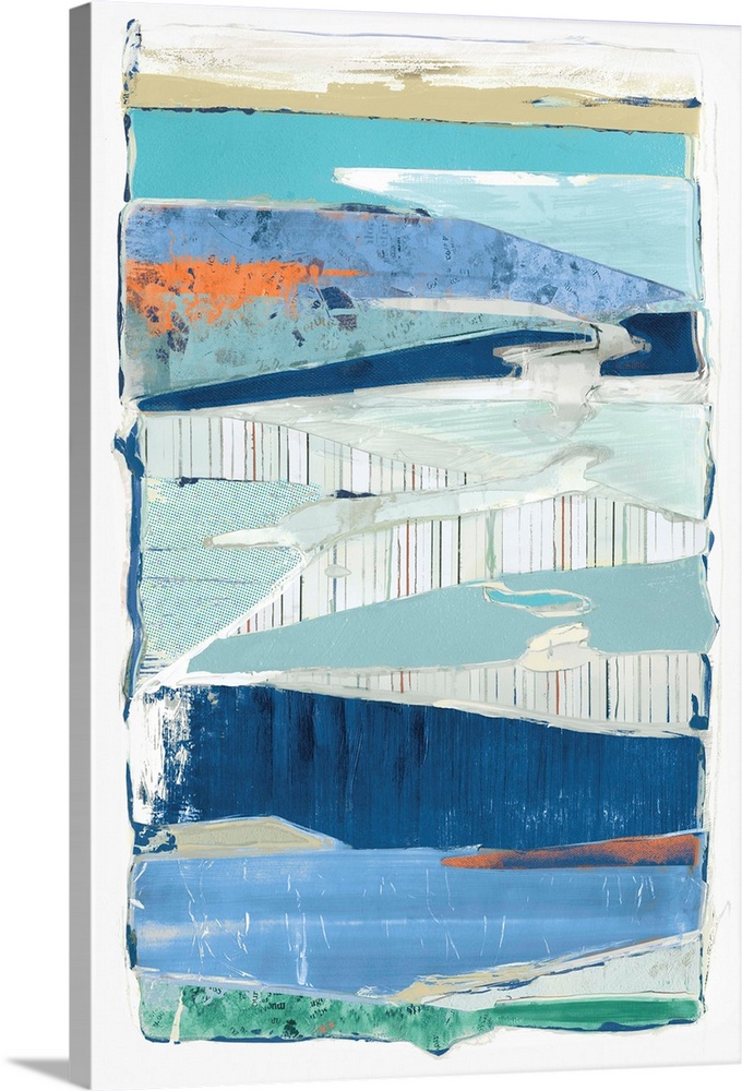Abstract contemporary artwork made of various collage elements in shades of blue and striped patterns.