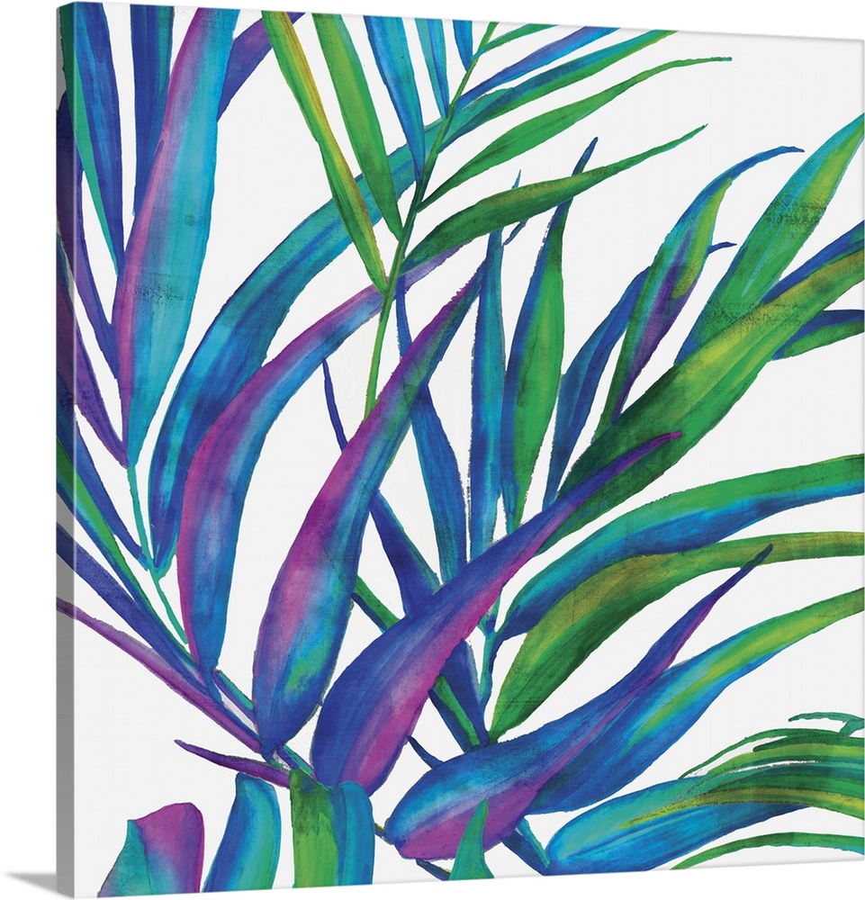 Square decor with illustrated tropical leaves in blue, purple, and green hues on a white background.