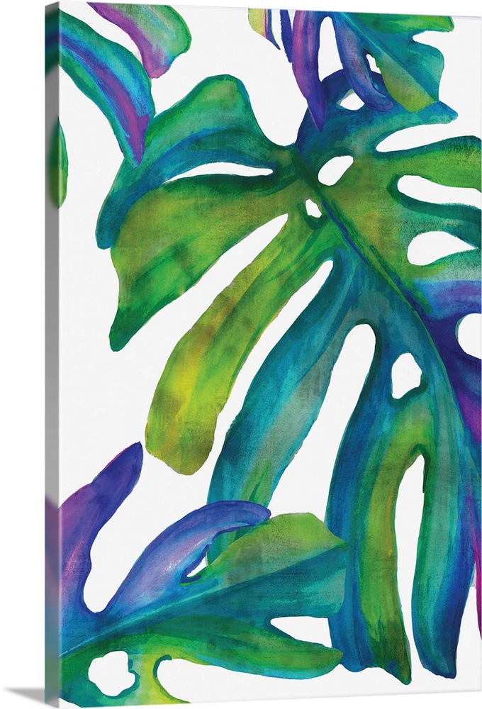 Square decor with illustrated tropical palm leaves in blue, purple, and green hues on a white background.