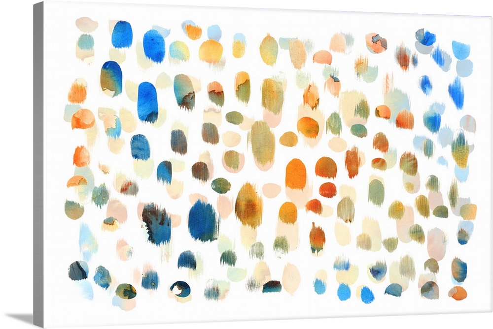 Abstract artwork made of multicolored dots in watercolor paint on white.