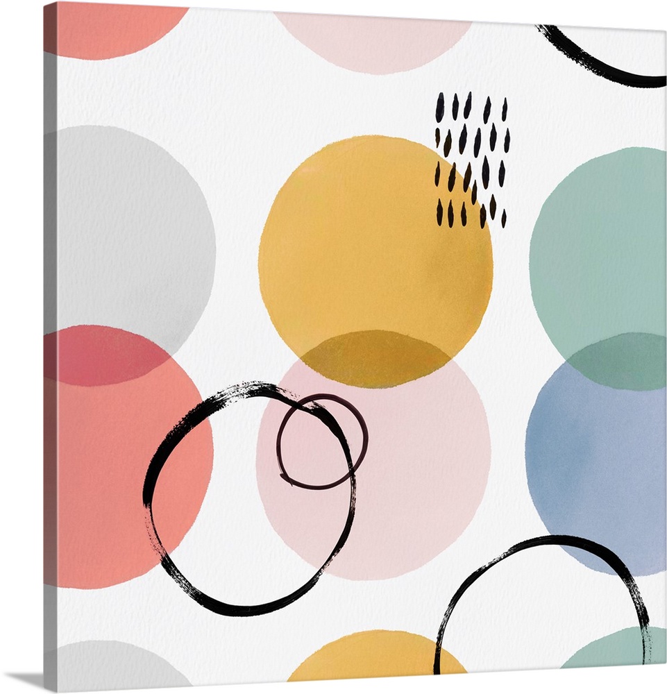 Square modern design of varies circles in pastel colors and overlapping rings.