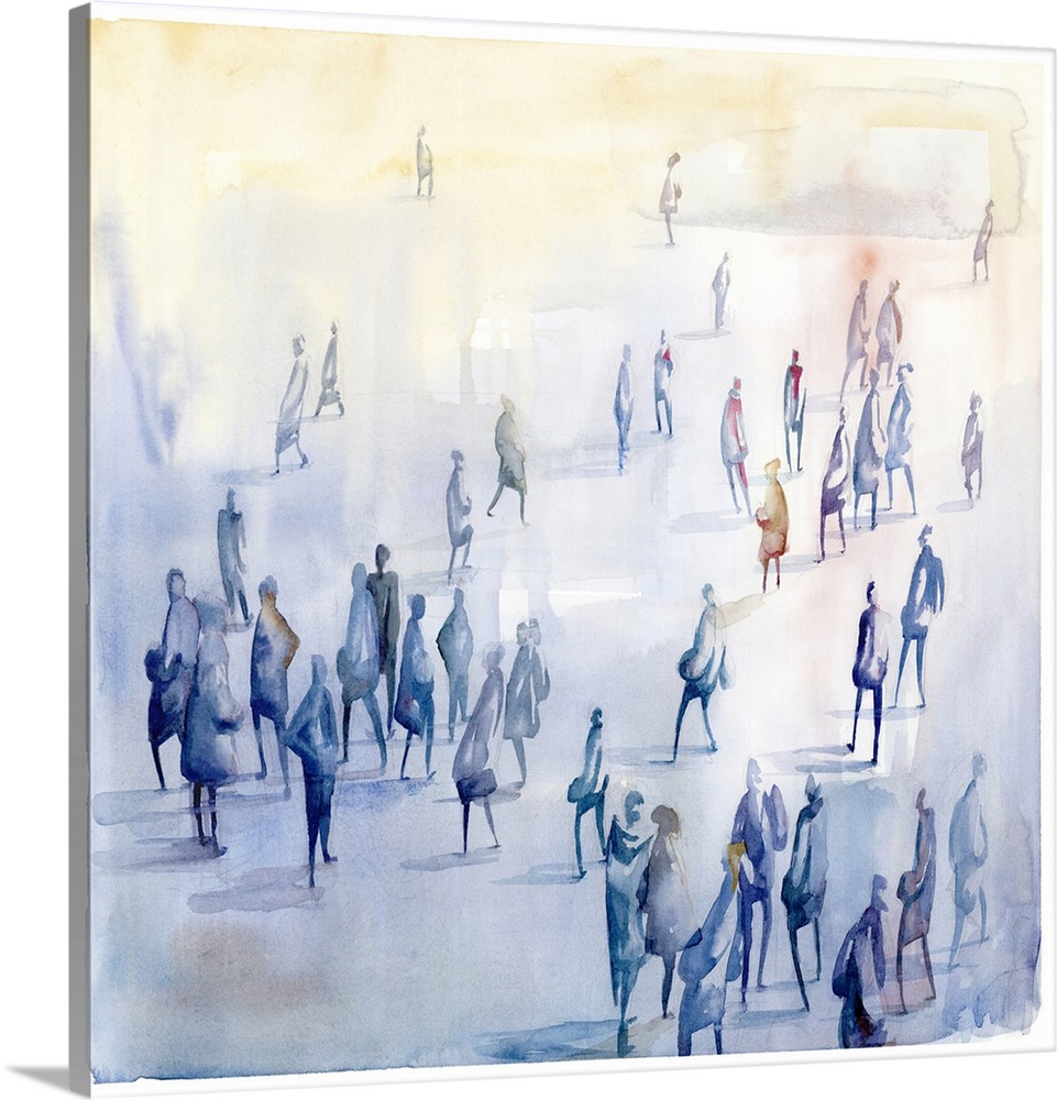 A square watercolor painting depicting a group of commuters on their way to their destination in shades of blue and yellow.