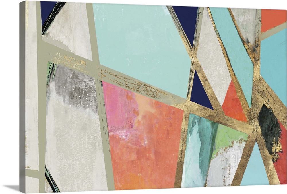 Contemporary abstract painting in modern teal, pink, and navy colors with gold edges.