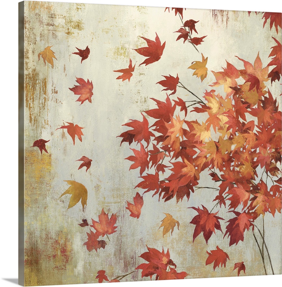 Contemporary home decor artwork of crimson foliage against a neutral background.