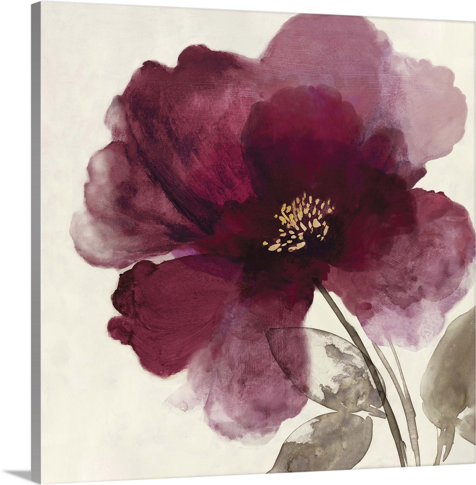 Square watercolor painting of a blooming peony with deep red petals on a beige background.