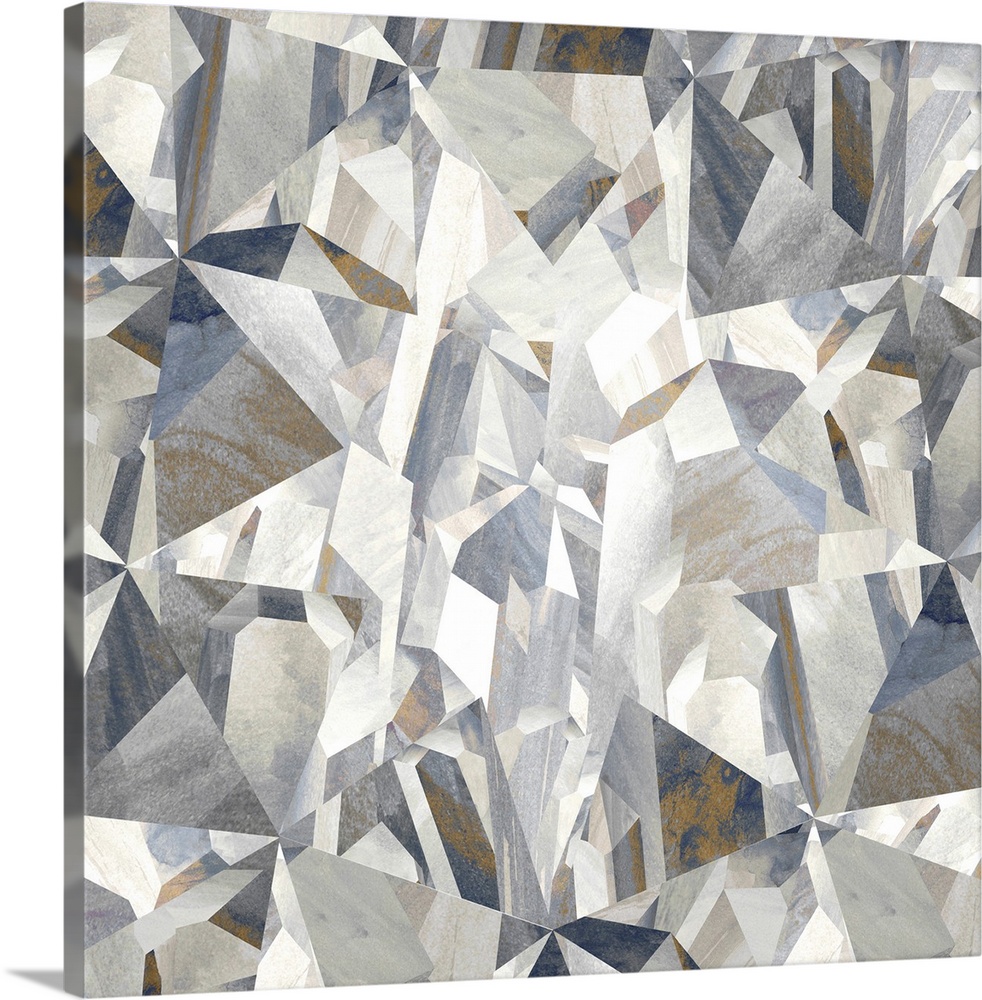 Square decor resembling the texture of a crystal close-up made in shades of blue, gray, gold, and white.