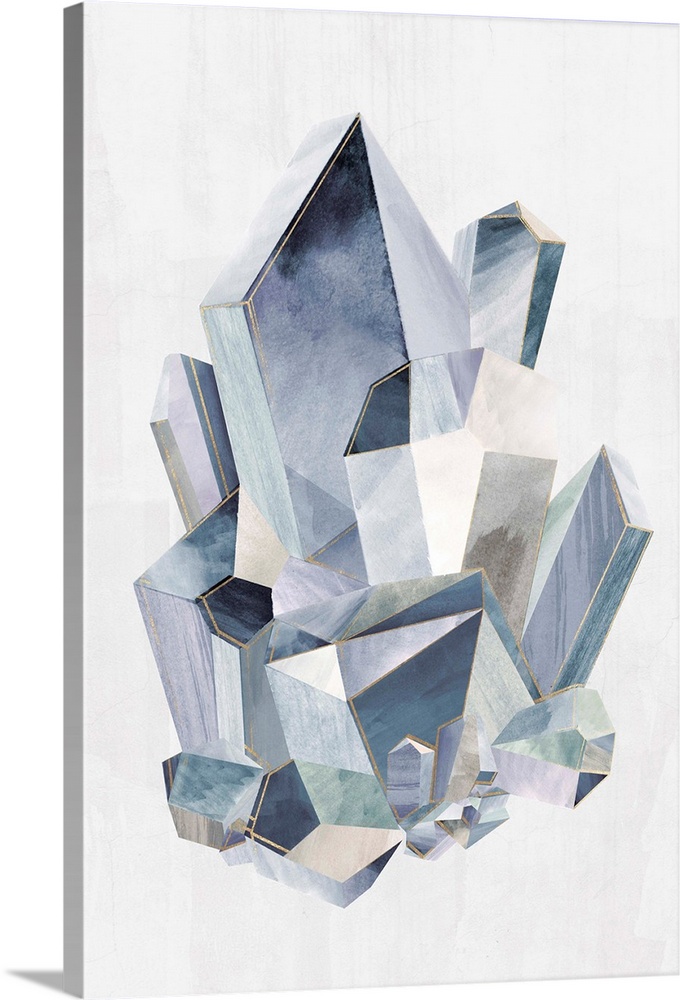 Decorative wall art with rock crystal shapes compacted together in shades of blue with gray and white tones and metallic g...