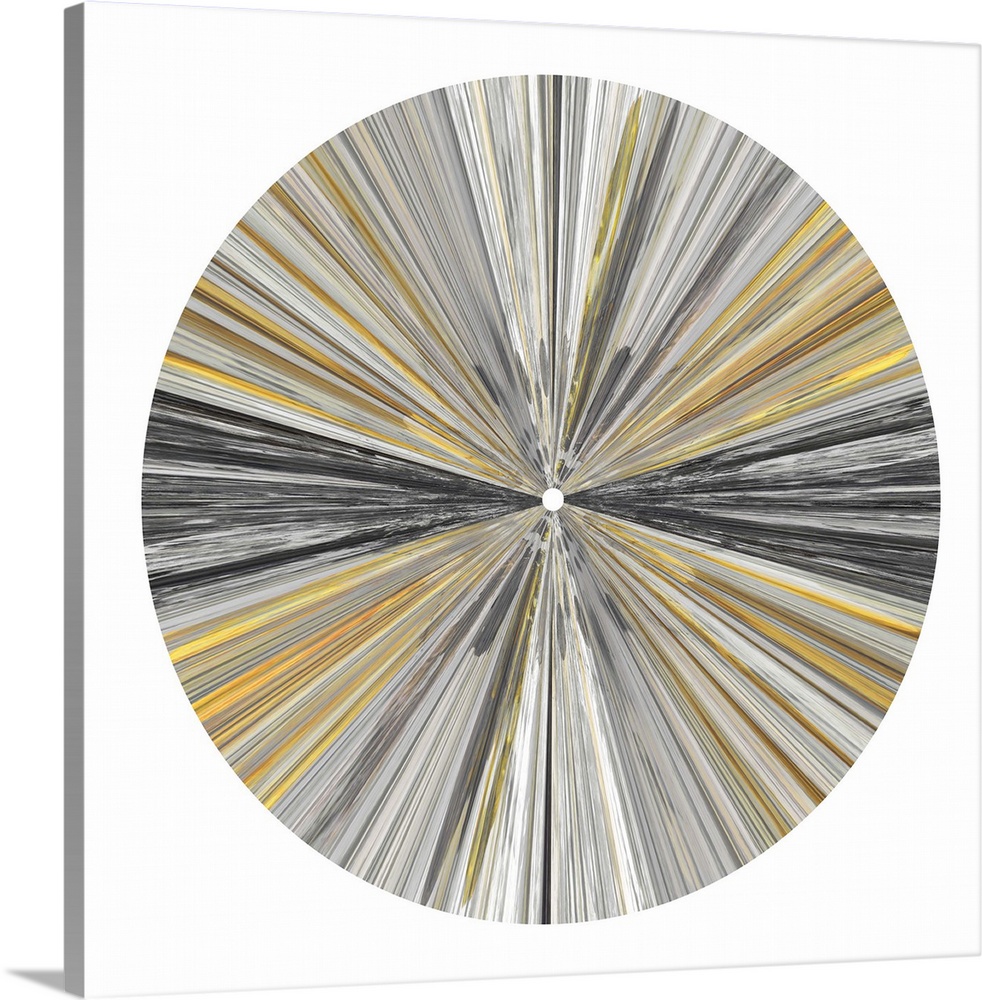 Abstract circular design with rays of black, gold, and gray on white.