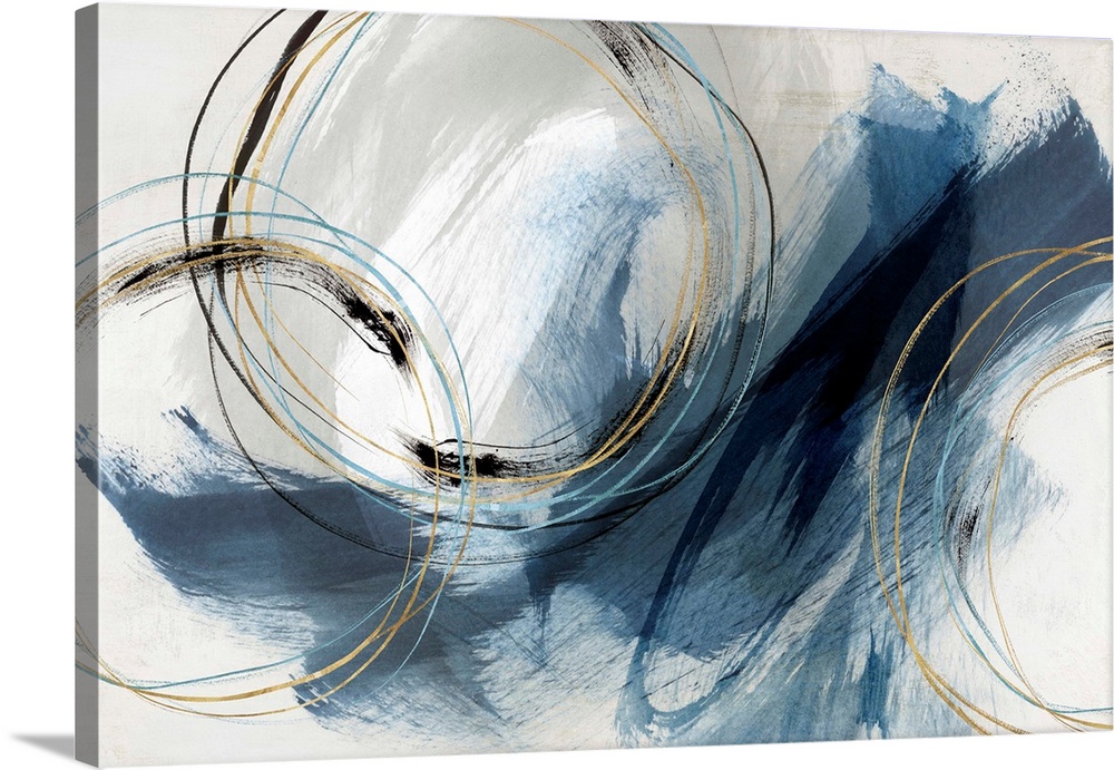 Abstract painting with large blue brushstrokes and circular lines accented with gold.