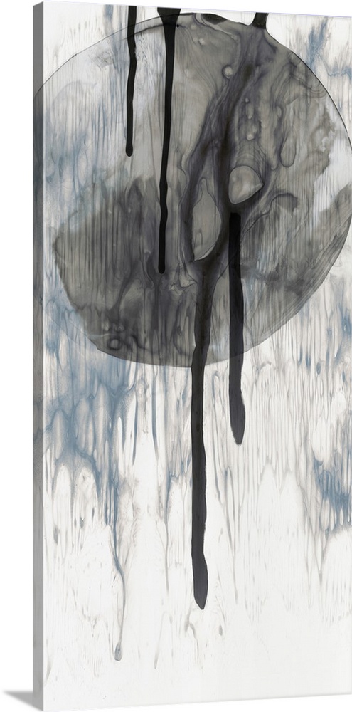 A long vertical painting of washed circular designs with black lines with gray drips of paint.