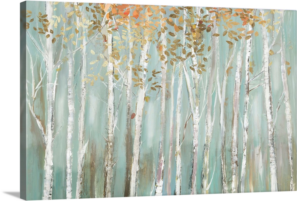 Contemporary horizontal painting of a forest of birch trees with warm colored leaves.