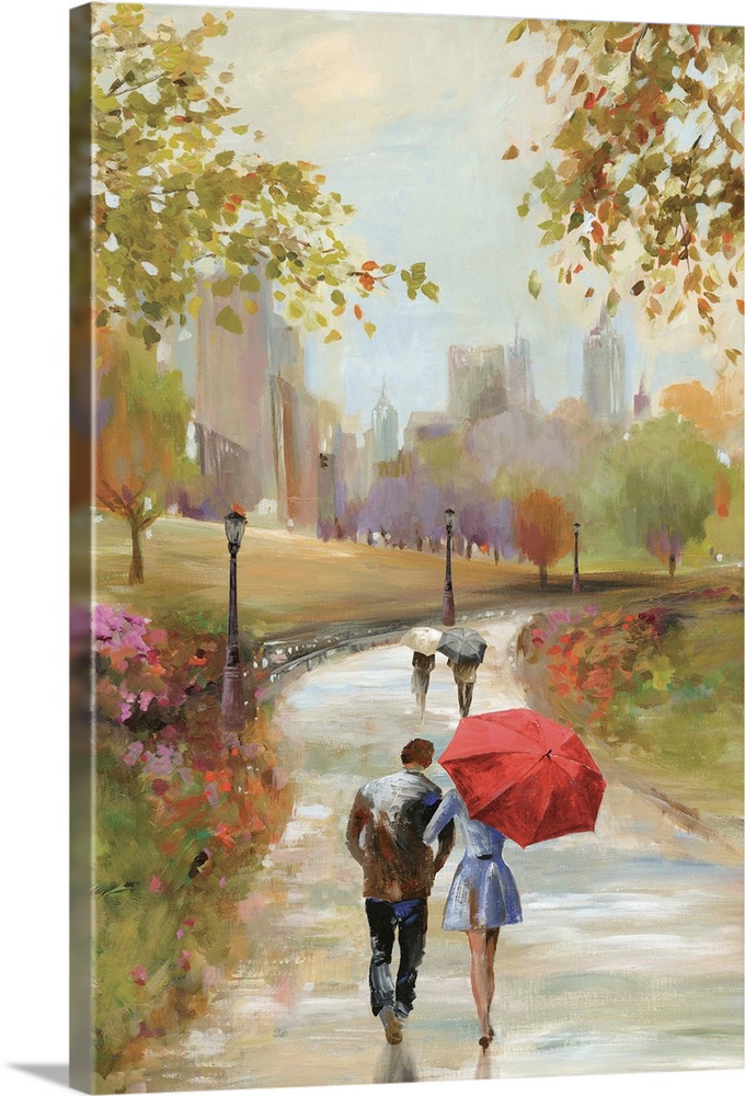 A vertical painting of a park scene of couples walking along a path.