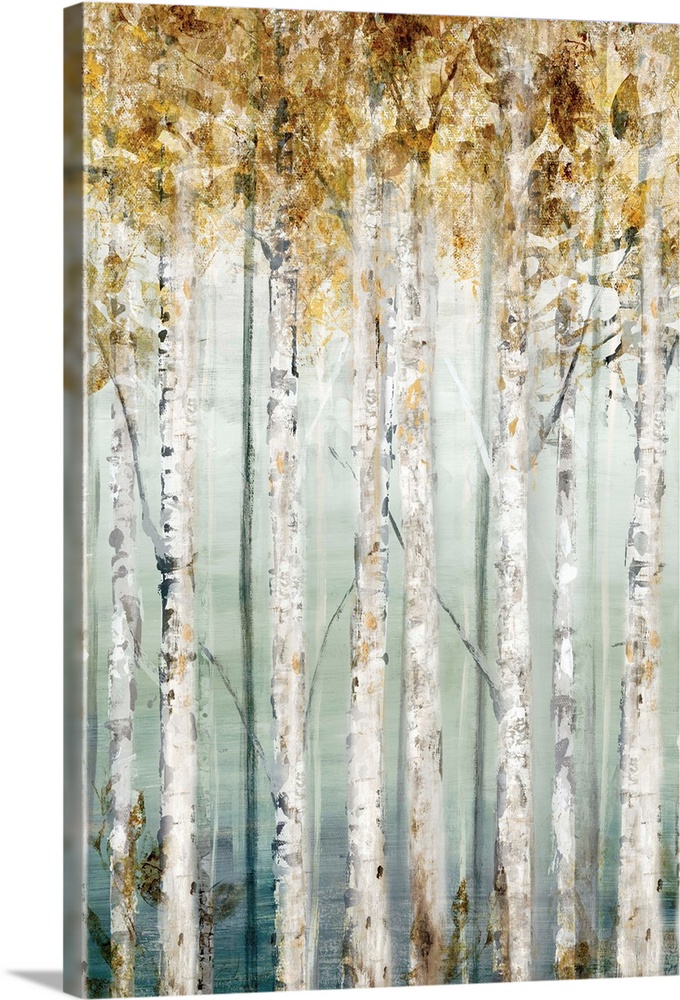 Contemporary painting of rows of trees with textured leaves in gold.