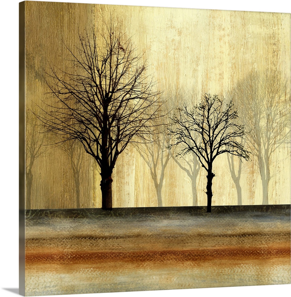 Contemporary home decor artwork of silhouetted trees against a faded background.