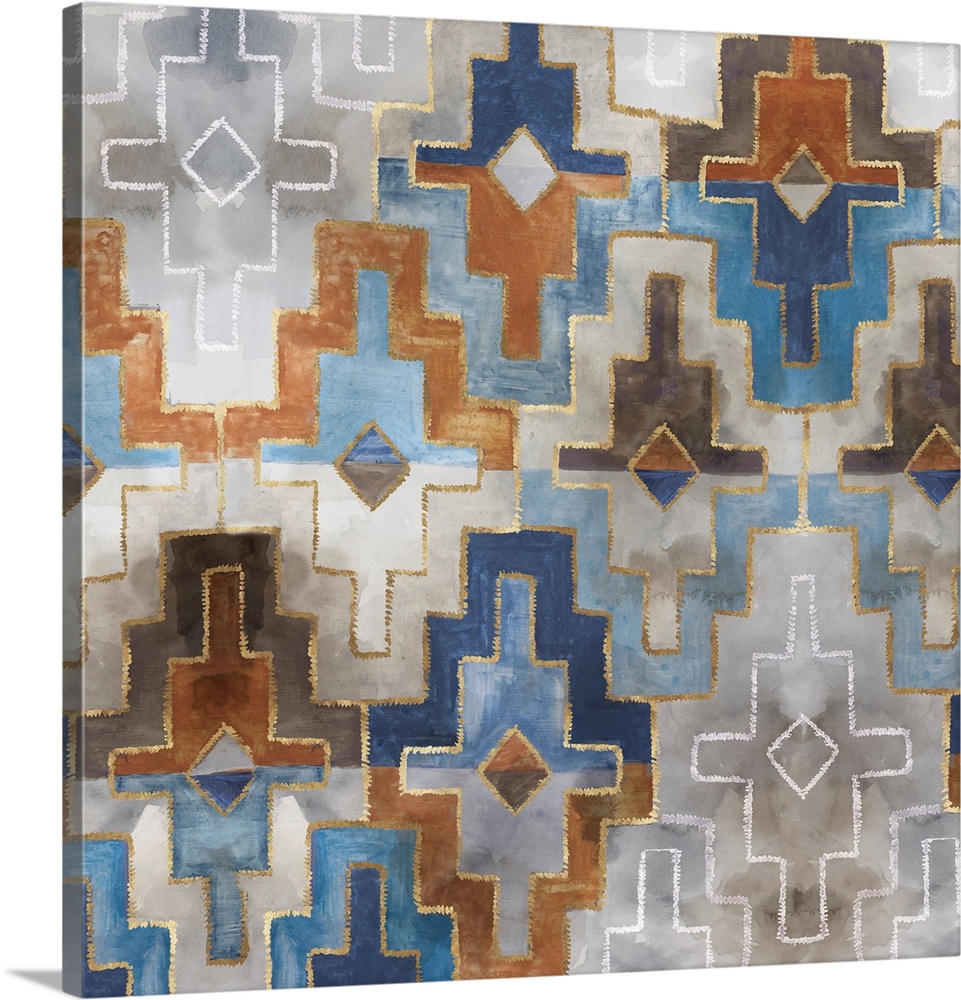 Bohemian pattern in blue and gray with metallic gold accents.