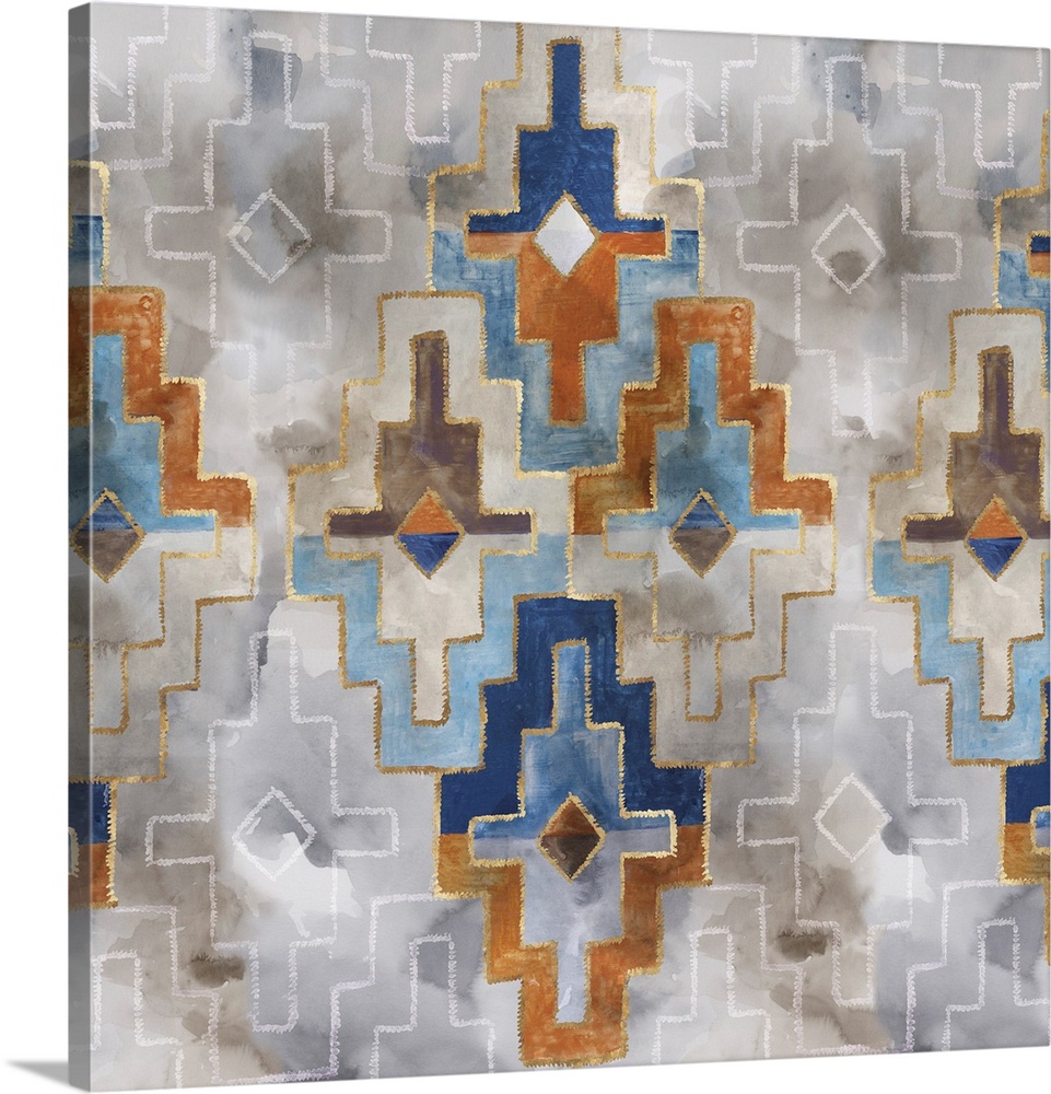 Bohemian pattern in blue and gray with metallic gold accents.