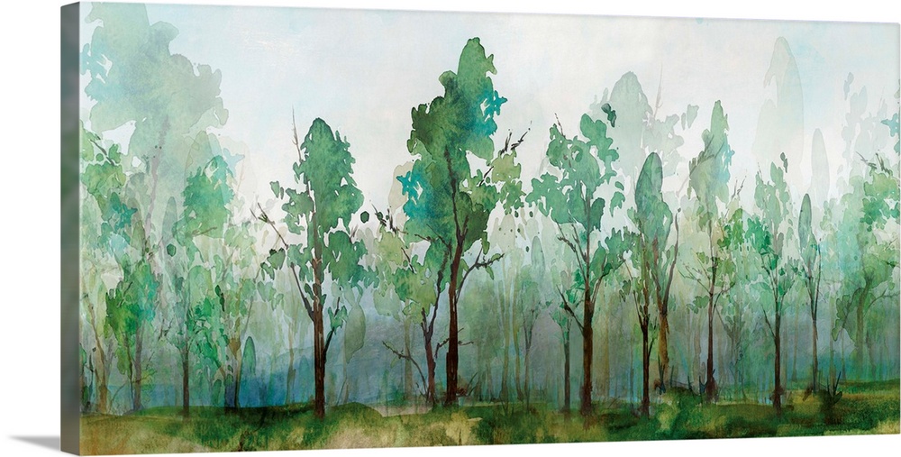 Contemporary watercolor painting of rows of trees with faded trees in the background.