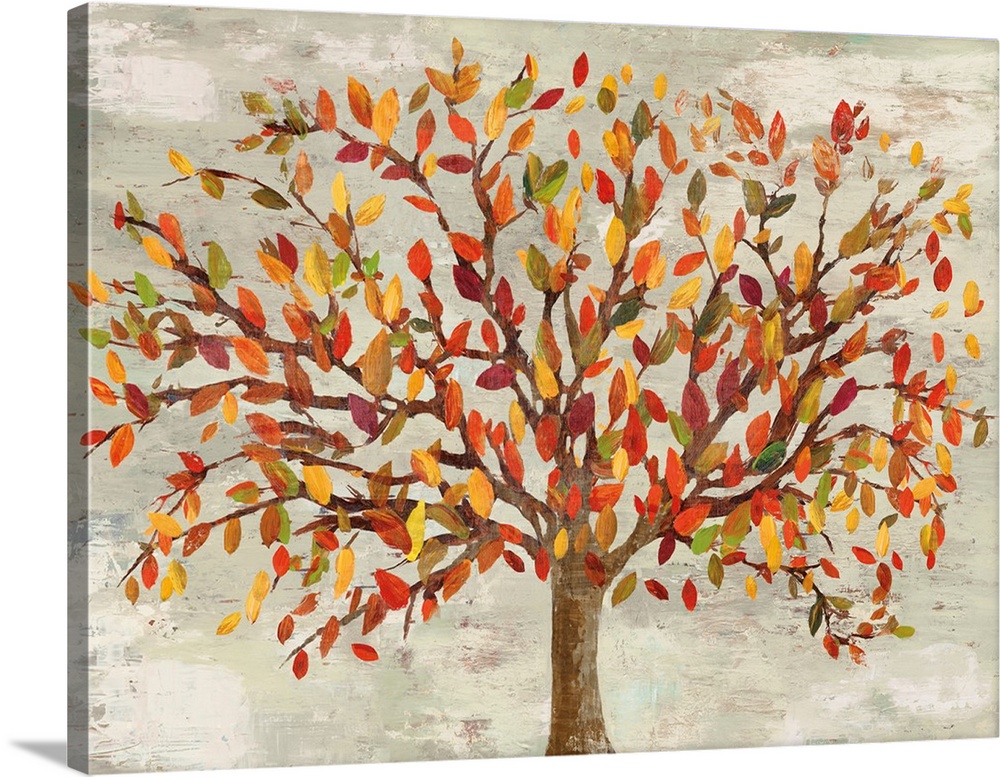 Artwork of a tree with leaves in autumn colors.