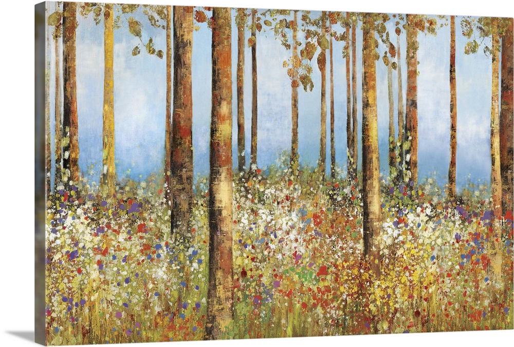 Contemporary home decor artwork of a forest with a field of flowers.