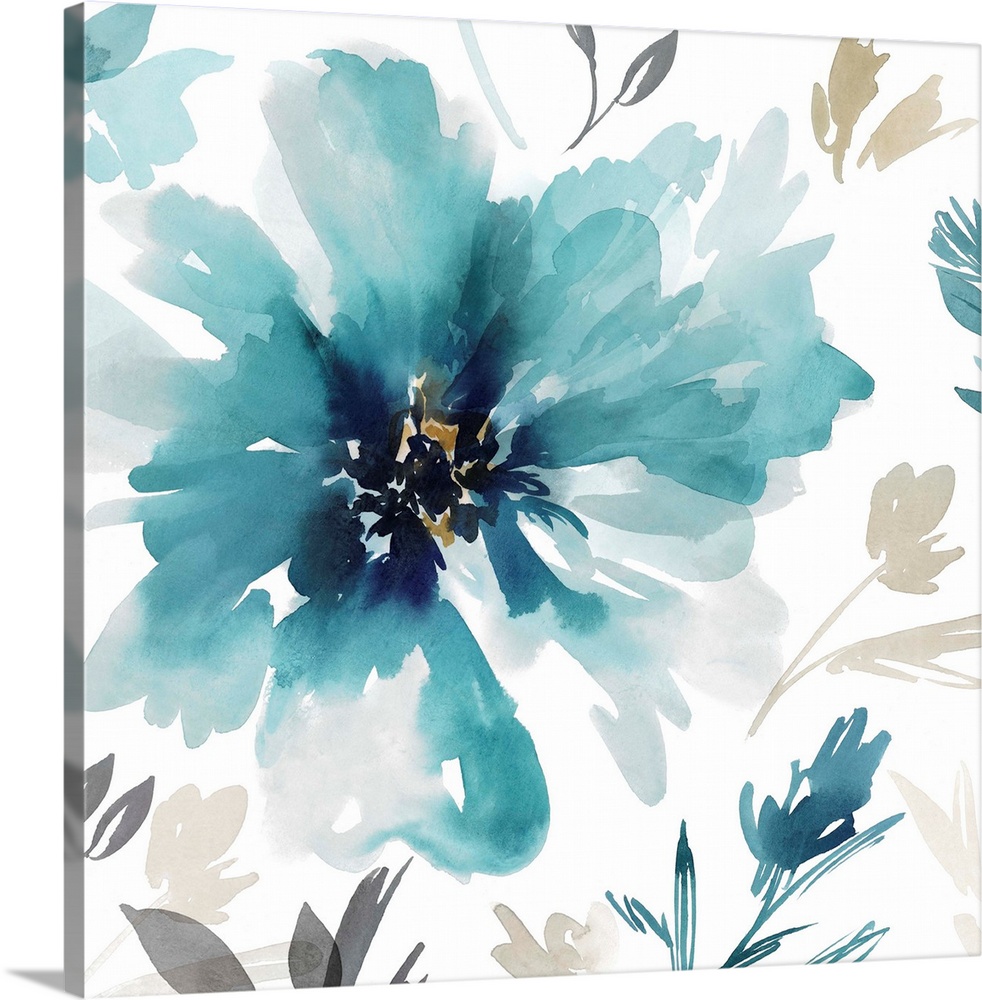 Abstractly painted watercolor flowers in aqua.
