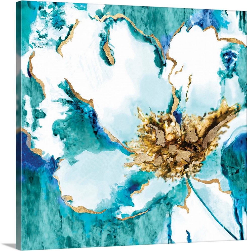 Abstract decor resembling a white flower with gold outlines on a square background made with shades of blue.