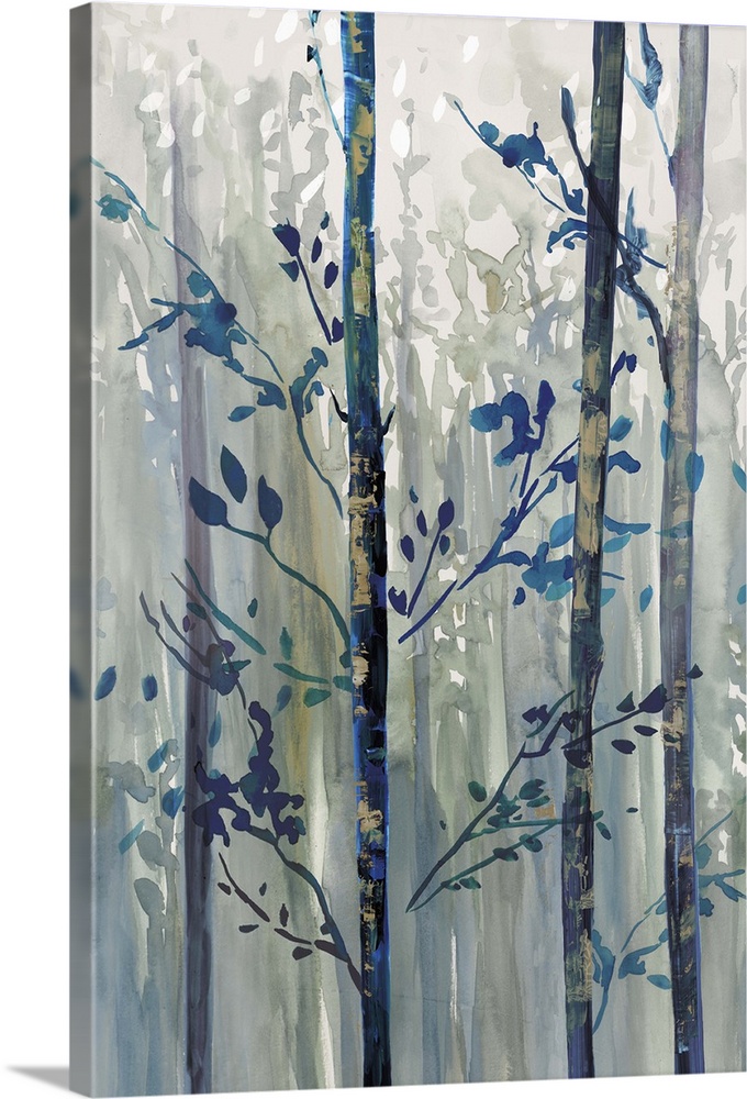 Contemporary home decor artwork of a forest of a dark blue trees.