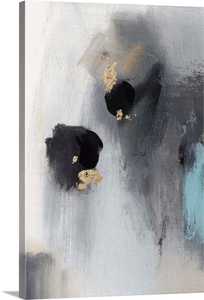 Vertical abstract of black spots on a textured gray backdrop with gold and teal accents.